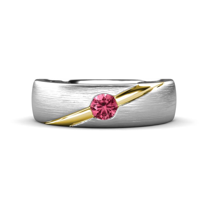 Ekon 1/7 ct Round Pink Tourmaline Brushed Satin Finish Solitaire Men Wedding Band (5 mm) 