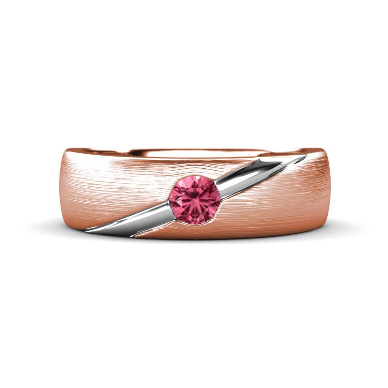 Ekon 1/7 ct Round Pink Tourmaline Brushed Satin Finish Solitaire Men Wedding Band (5 mm) 