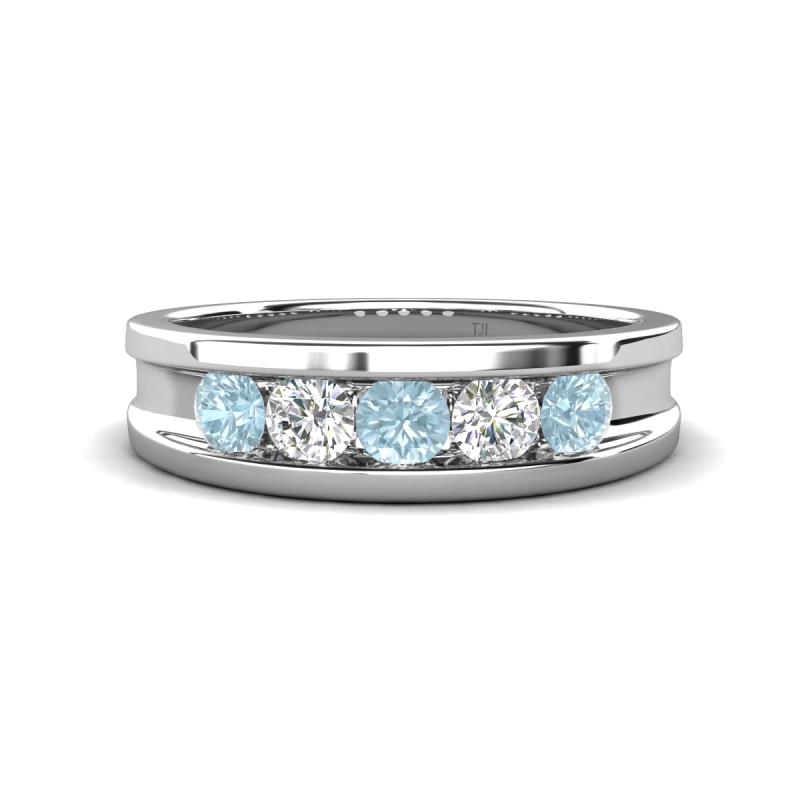 Aaron 0.44 ctw Natural Diamond & Aquamarine 5 Stone Men Wedding Band (3 mm) 