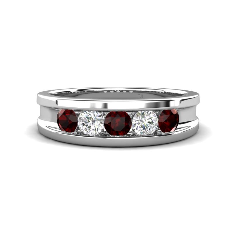 Aaron 0.55 ctw Natural Diamond & Red Garnet 5 Stone Men Wedding Band (3 mm) 