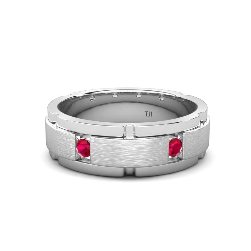 Laken 0.24 ctw (2.50 mm) Round Ruby Satin Finished Center and Polished Edges with Grooved Lines Men Wedding Band 