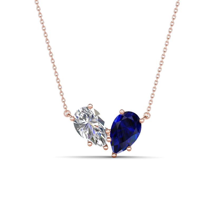 Zemi 1.55 ctw Pear Shape Lab Grown Diamond and Lab Grown Blue Sapphire (7x5 mm) Toi Et Moi Pendant Necklace 