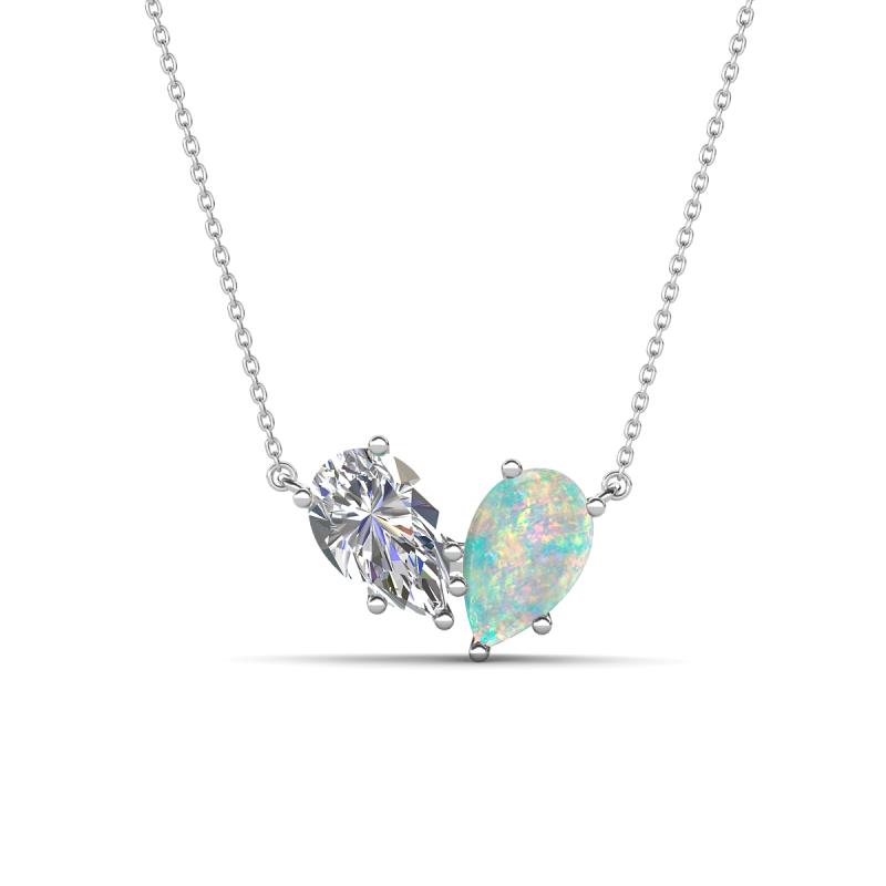 Zemi 1.00 ctw Pear Shape Lab Grown Diamond and Opal (7x5 mm) Toi Et Moi Pendant Necklace 