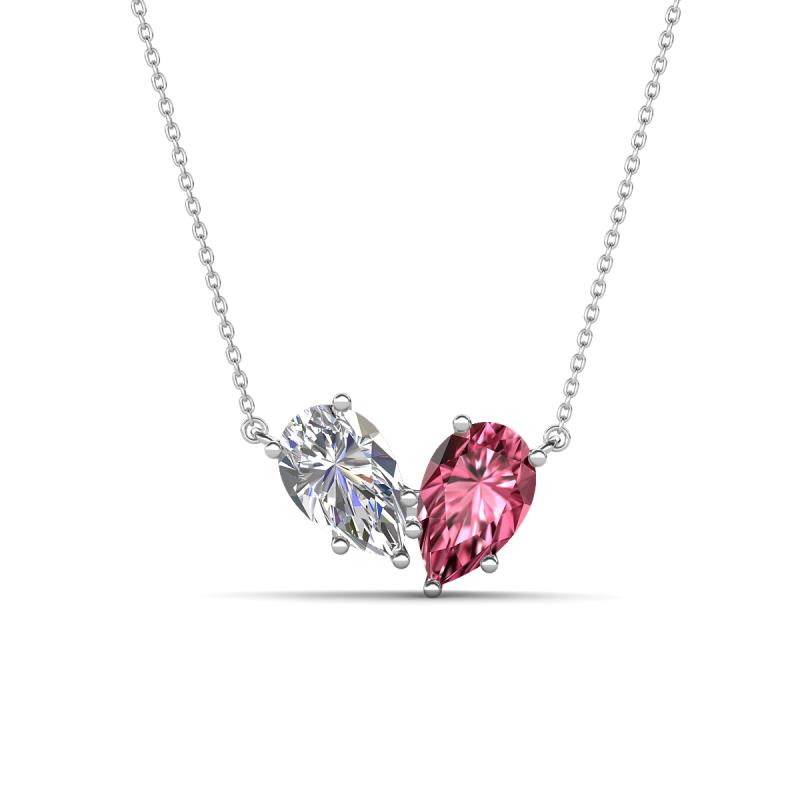 Zemi 1.35 ctw Pear Shape Lab Grown Diamond and Pink Tourmaline (7x5 mm) Toi Et Moi Pendant Necklace 