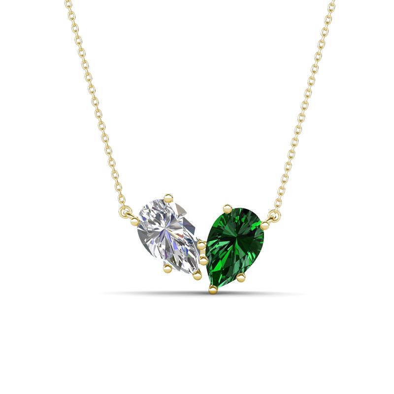 Zemi 1.60 ctw Pear Shape Natural Diamond and Lab Grown Emerald (7x5 mm) Toi Et Moi Pendant Necklace 
