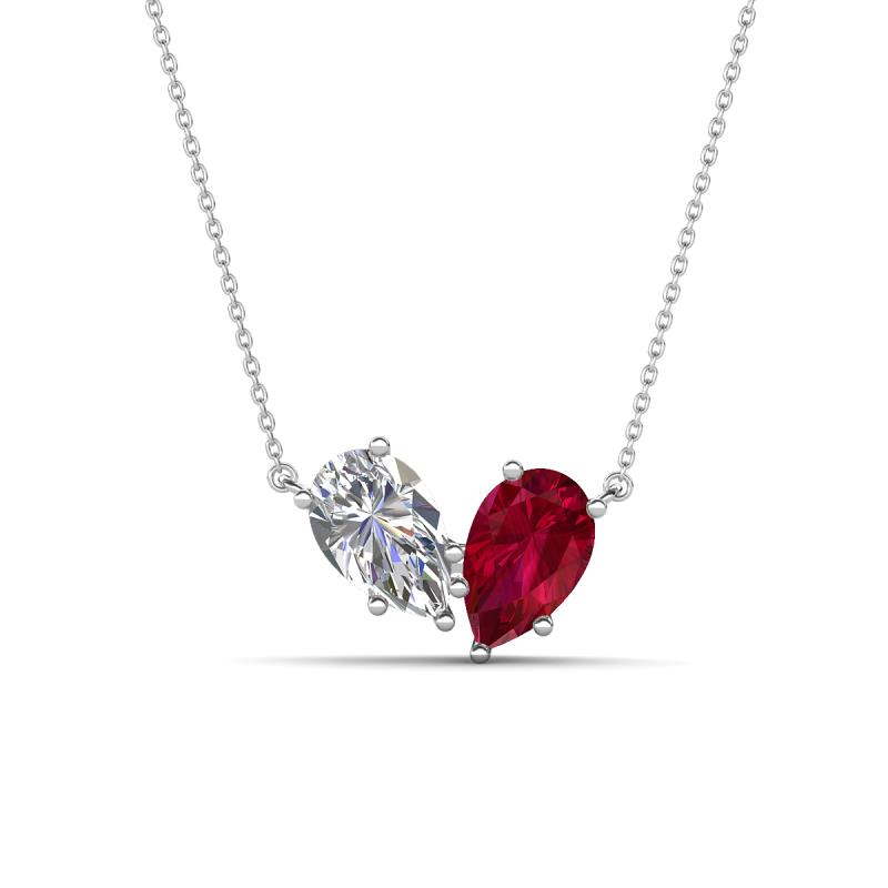 Zemi 1.75 ctw Pear Shape Natural Diamond and Lab Grown Ruby (7x5 mm) Toi Et Moi Pendant Necklace 