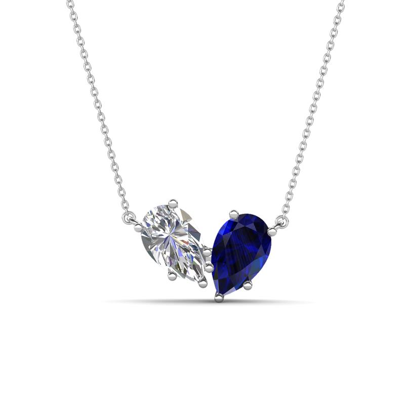 Zemi 1.70 ctw Pear Shape Natural Diamond and Lab Grown Blue Sapphire (7x5 mm) Toi Et Moi Pendant Necklace 