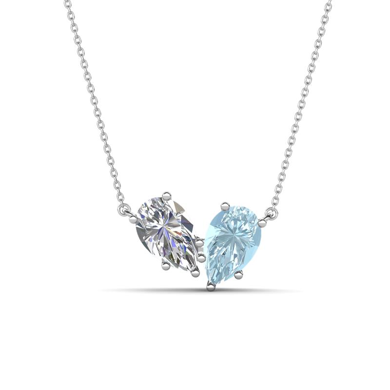 Zemi 1.40 ctw Pear Shape Natural Diamond and Aquamarine (7x5 mm) Toi Et Moi Pendant Necklace 