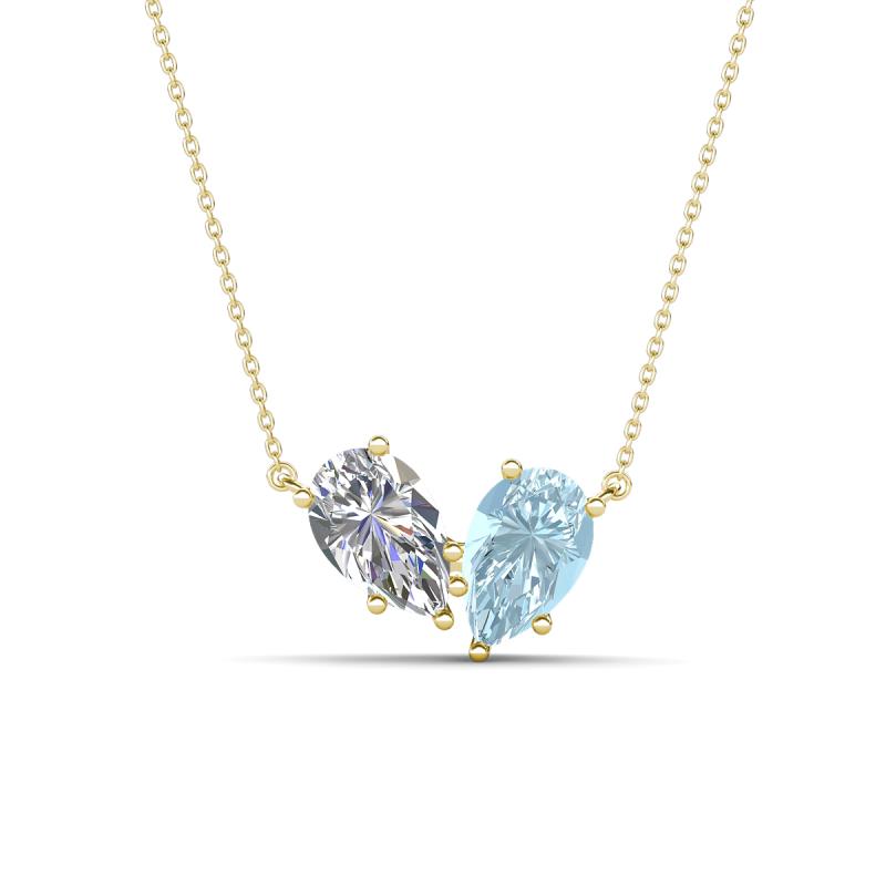 Zemi 1.40 ctw Pear Shape Natural Diamond and Aquamarine (7x5 mm) Toi Et Moi Pendant Necklace 