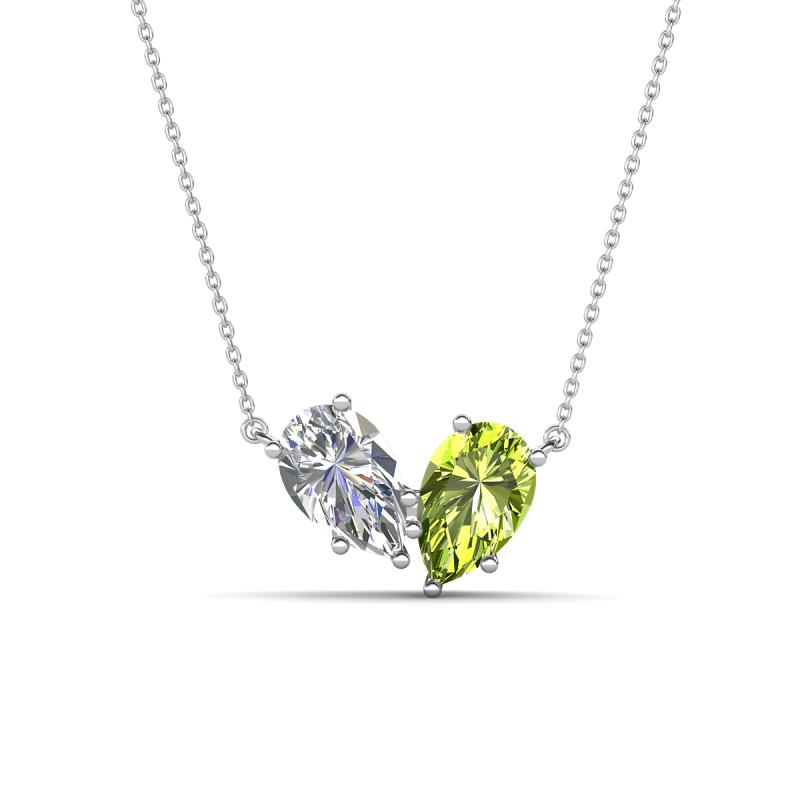 Zemi 1.60 ctw Pear Shape Natural Diamond and Peridot (7x5 mm) Toi Et Moi Pendant Necklace 