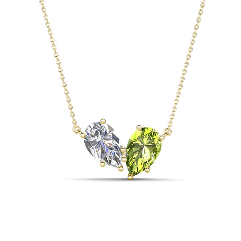 Zemi 1.60 ctw Pear Shape Natural Diamond and Peridot (7x5 mm) Toi Et Moi Pendant Necklace 