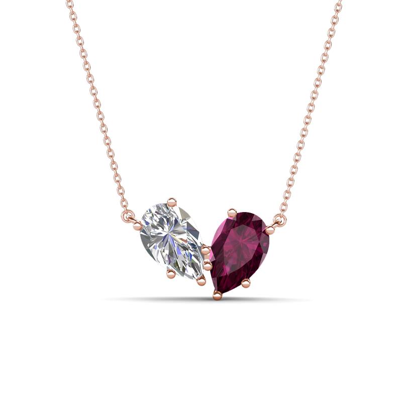 Zemi 1.70 ctw Pear Shape Natural Diamond and Rhodolite Garnet (7x5 mm) Toi Et Moi Pendant Necklace 