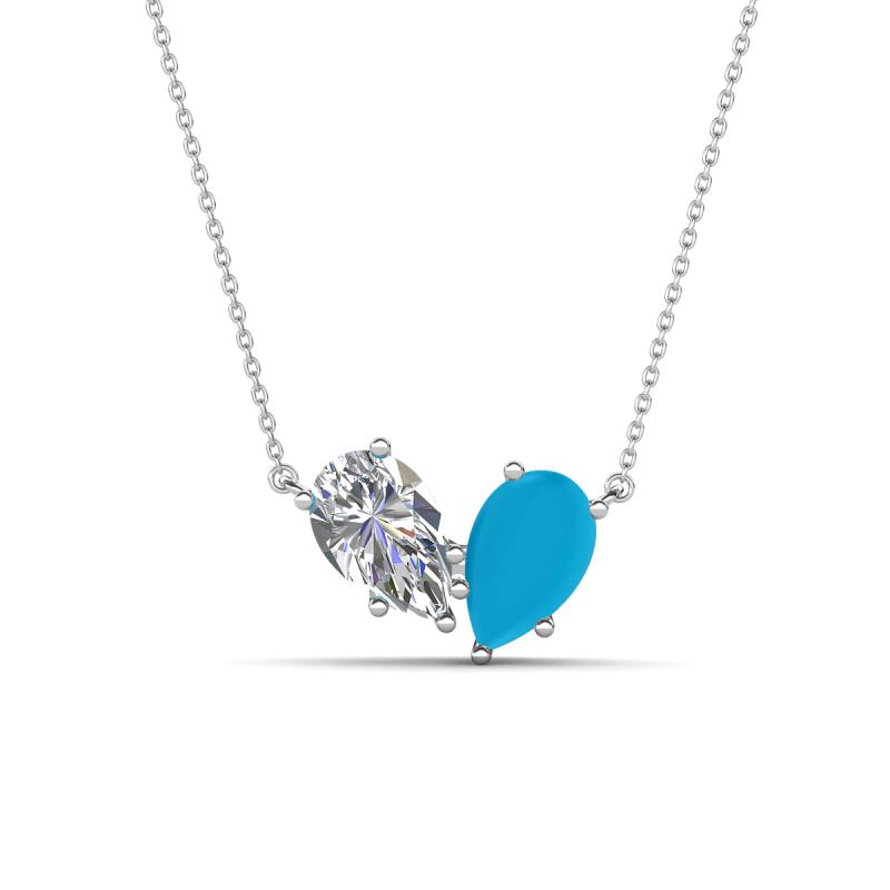 Zemi 1.15 ctw Pear Shape Natural Diamond and Turquoise (7x5 mm) Toi Et Moi Pendant Necklace 