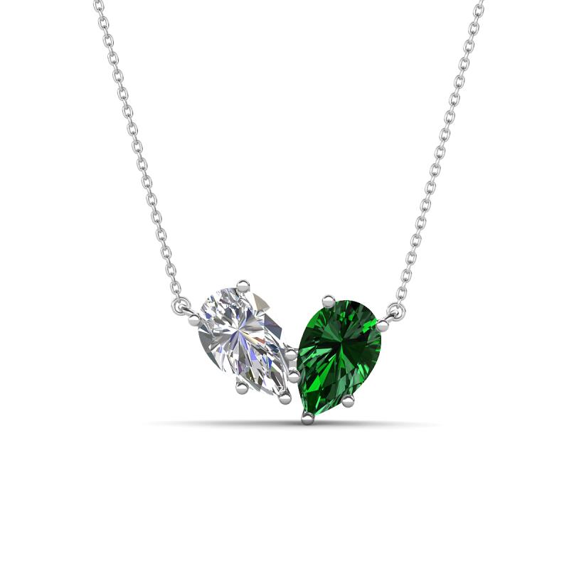 Zemi 1.65 ctw Pear Shape Moissanite and Lab Grown Emerald (7x5 mm) Toi Et Moi Pendant Necklace 