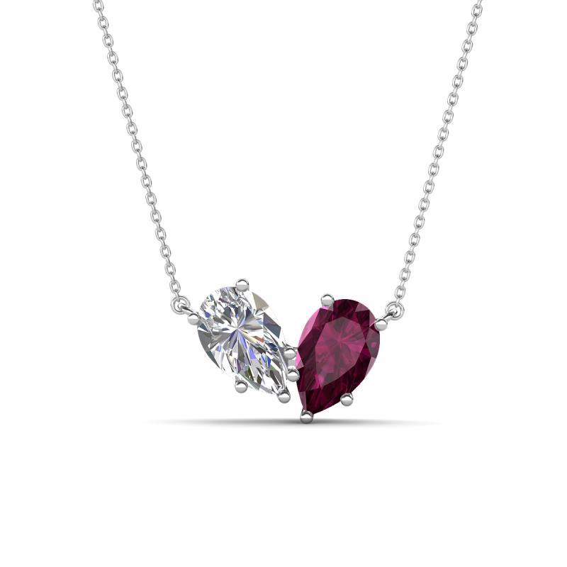 Zemi 1.75 ctw Pear Shape Moissanite and Rhodolite Garnet (7x5 mm) Toi Et Moi Pendant Necklace 