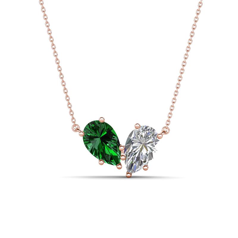 Zemi 1.65 ctw Pear Shape Lab Grown Emerald and Moissanite (7x5 mm) Toi Et Moi Pendant Necklace 