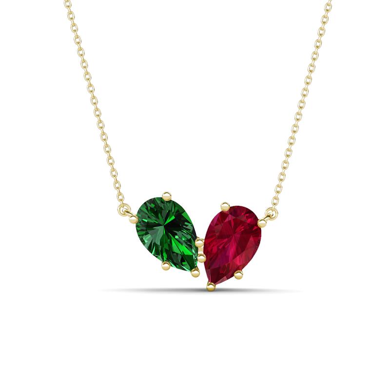 Zemi 1.75 ctw Pear Shape Lab Grown Emerald and Lab Grown Ruby (7x5 mm) Toi Et Moi Pendant Necklace 