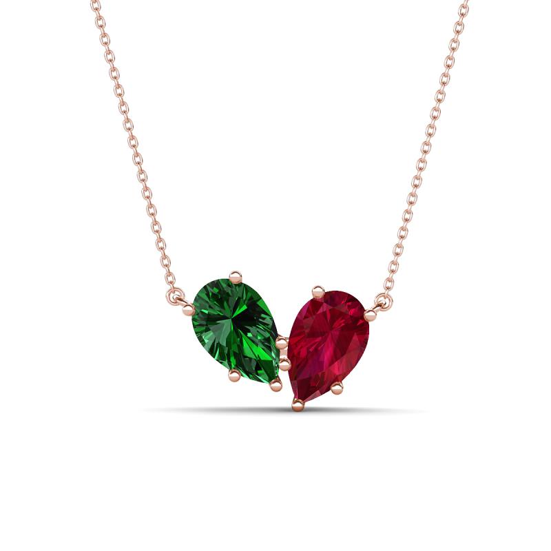 Zemi 1.75 ctw Pear Shape Lab Grown Emerald and Lab Grown Ruby (7x5 mm) Toi Et Moi Pendant Necklace 