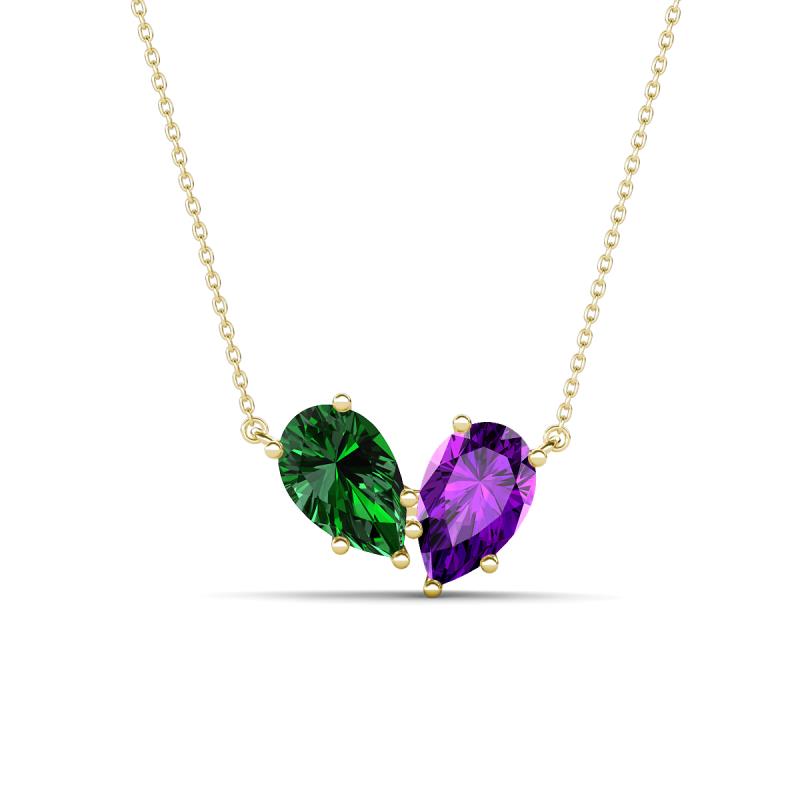 Zemi 1.45 ctw Pear Shape Lab Grown Emerald and Amethyst (7x5 mm) Toi Et Moi Pendant Necklace 