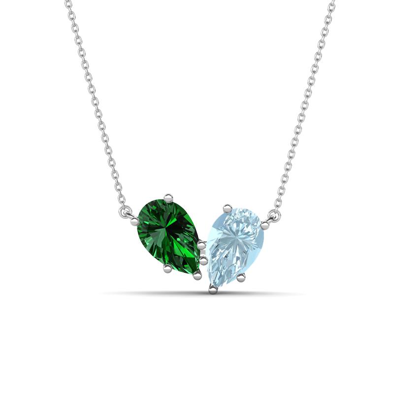 Zemi 1.40 ctw Pear Shape Lab Grown Emerald and Aquamarine (7x5 mm) Toi Et Moi Pendant Necklace 