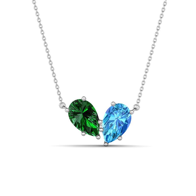 Zemi 1.65 ctw Pear Shape Lab Grown Emerald and Blue Topaz (7x5 mm) Toi Et Moi Pendant Necklace 