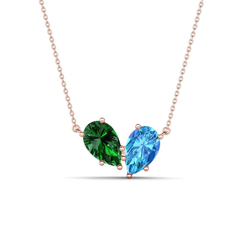 Zemi 1.65 ctw Pear Shape Lab Grown Emerald and Blue Topaz (7x5 mm) Toi Et Moi Pendant Necklace 