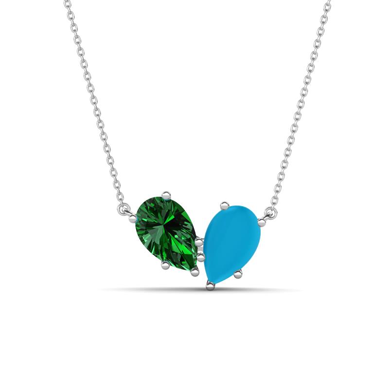 Zemi 1.15 ctw Pear Shape Lab Grown Emerald and Turquoise (7x5 mm) Toi Et Moi Pendant Necklace 