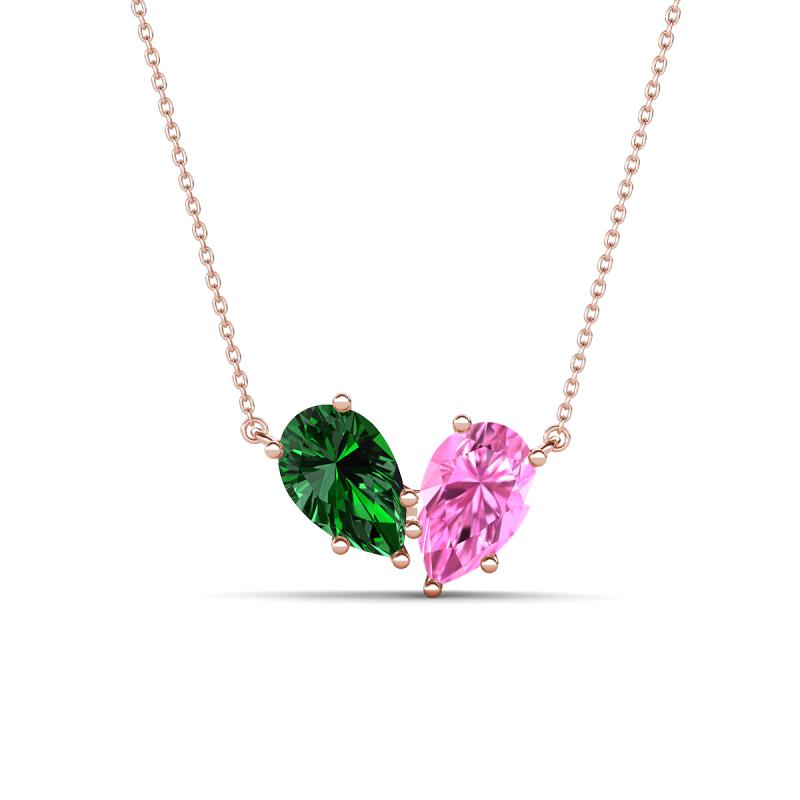 Zemi 1.70 ctw Pear Shape Lab Grown Emerald and Lab Grown Pink Sapphire (7x5 mm) Toi Et Moi Pendant Necklace 