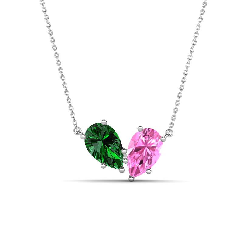 Zemi 1.70 ctw Pear Shape Lab Grown Emerald and Lab Grown Pink Sapphire (7x5 mm) Toi Et Moi Pendant Necklace 