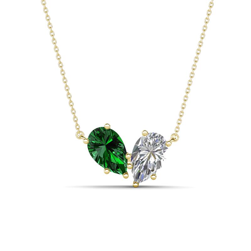 Zemi 1.60 ctw Pear Shape Lab Grown Emerald and Natural Diamond (7x5 mm) Toi Et Moi Pendant Necklace 