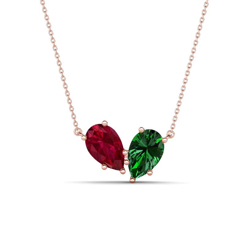 Zemi 1.75 ctw Pear Shape Lab Grown Ruby and Lab Grown Emerald (7x5 mm) Toi Et Moi Pendant Necklace 