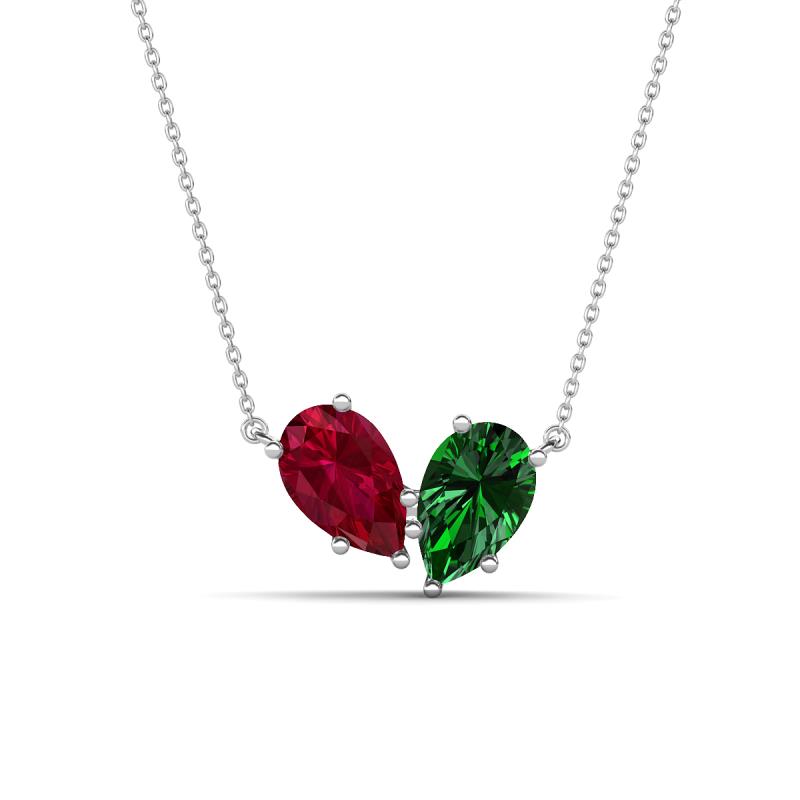 Zemi 1.75 ctw Pear Shape Lab Grown Ruby and Lab Grown Emerald (7x5 mm) Toi Et Moi Pendant Necklace 