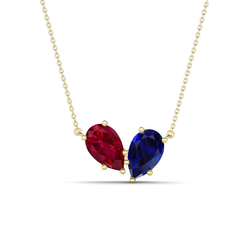 Zemi 1.85 ctw Pear Shape Lab Grown Ruby and Lab Grown Blue Sapphire (7x5 mm) Toi Et Moi Pendant Necklace 