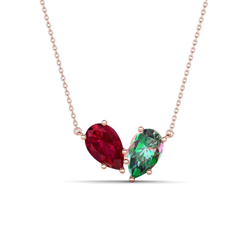 Zemi 1.81 ctw Pear Shape Lab Grown Ruby and Created Alexandrite (7x5 mm) Toi Et Moi Pendant Necklace 