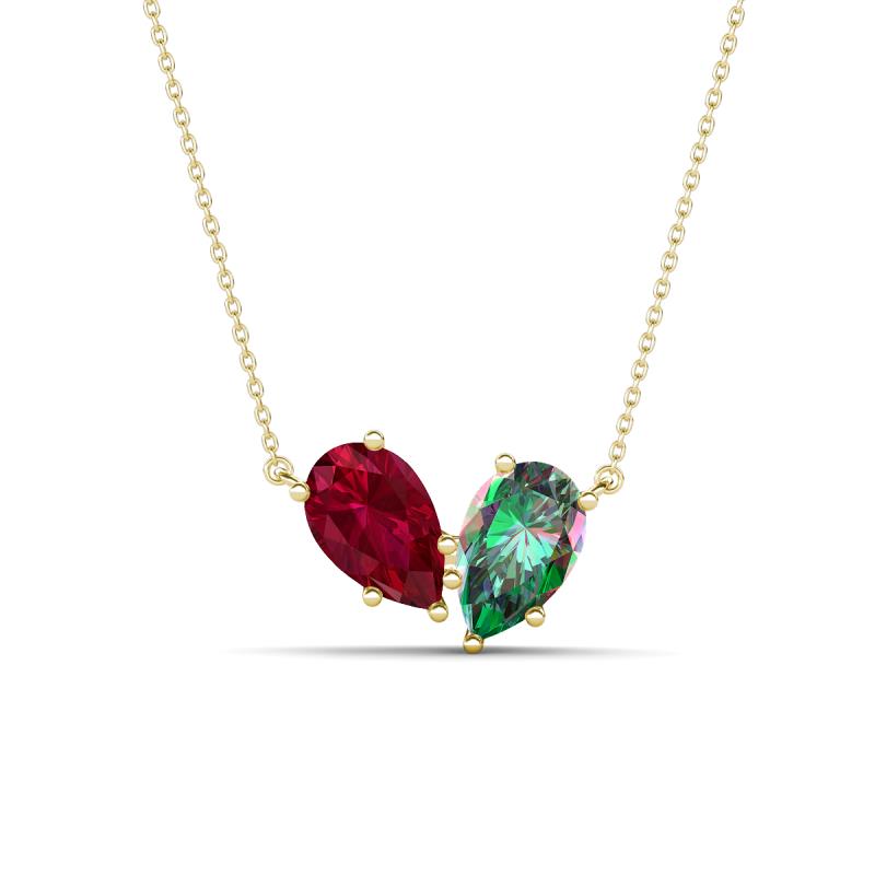 Zemi 1.81 ctw Pear Shape Lab Grown Ruby and Created Alexandrite (7x5 mm) Toi Et Moi Pendant Necklace 