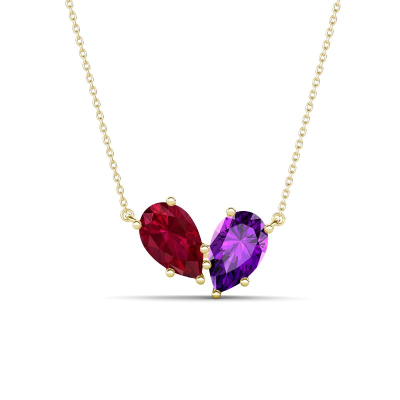 Zemi 1.60 ctw Pear Shape Lab Grown Ruby and Amethyst (7x5 mm) Toi Et Moi Pendant Necklace 