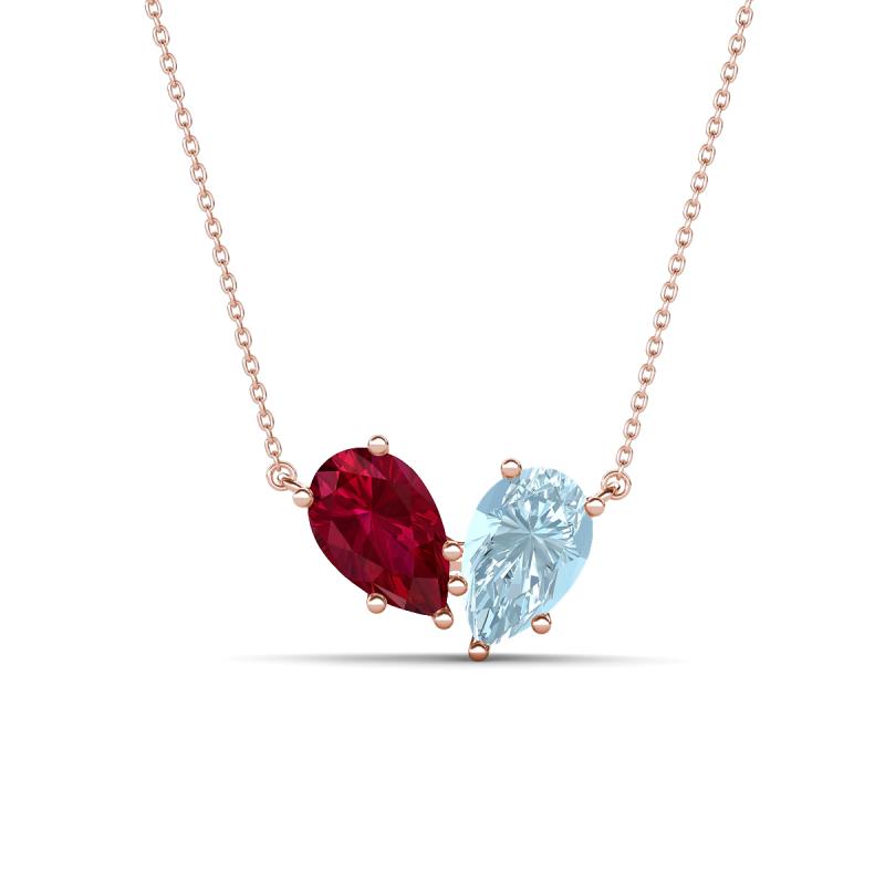 Zemi 1.55 ctw Pear Shape Lab Grown Ruby and Aquamarine (7x5 mm) Toi Et Moi Pendant Necklace 