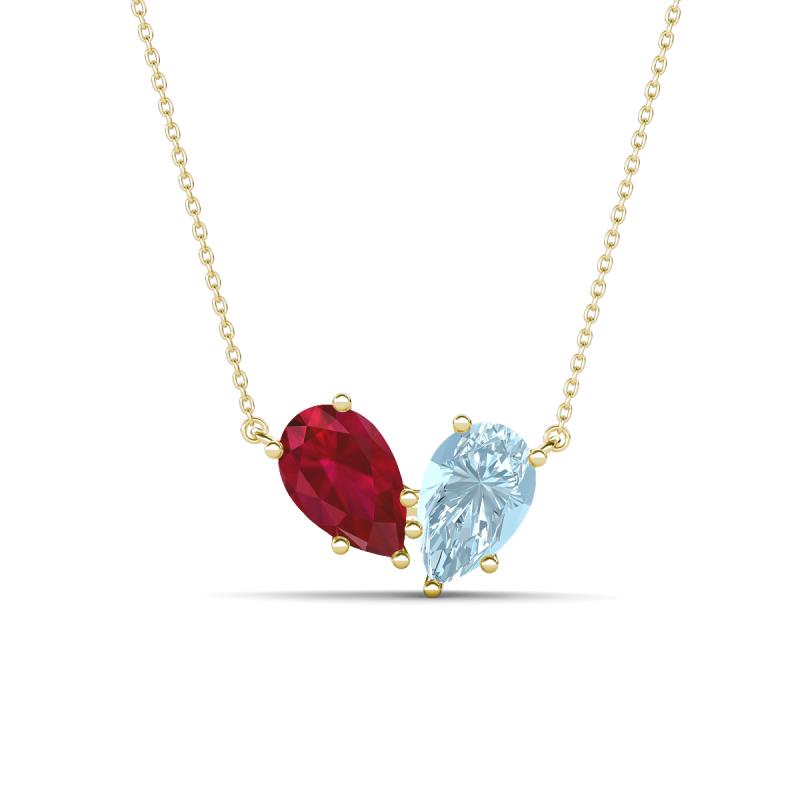 Zemi 1.55 ctw Pear Shape Lab Grown Ruby and Aquamarine (7x5 mm) Toi Et Moi Pendant Necklace 