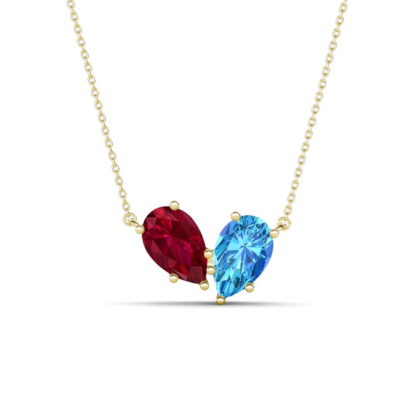 Zemi 1.80 ctw Pear Shape Lab Grown Ruby and Blue Topaz (7x5 mm) Toi Et Moi Pendant Necklace 