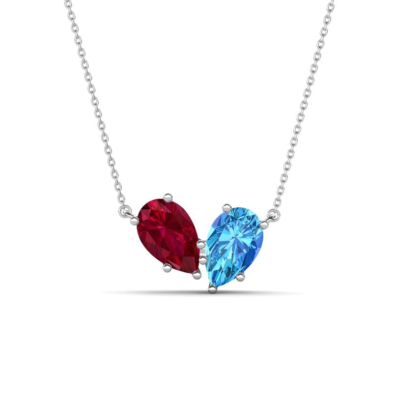 Zemi 1.80 ctw Pear Shape Lab Grown Ruby and Blue Topaz (7x5 mm) Toi Et Moi Pendant Necklace 