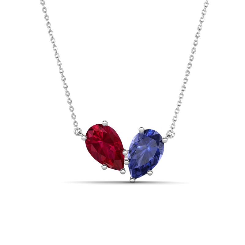 Zemi 1.55 ctw Pear Shape Lab Grown Ruby and Iolite (7x5 mm) Toi Et Moi Pendant Necklace 