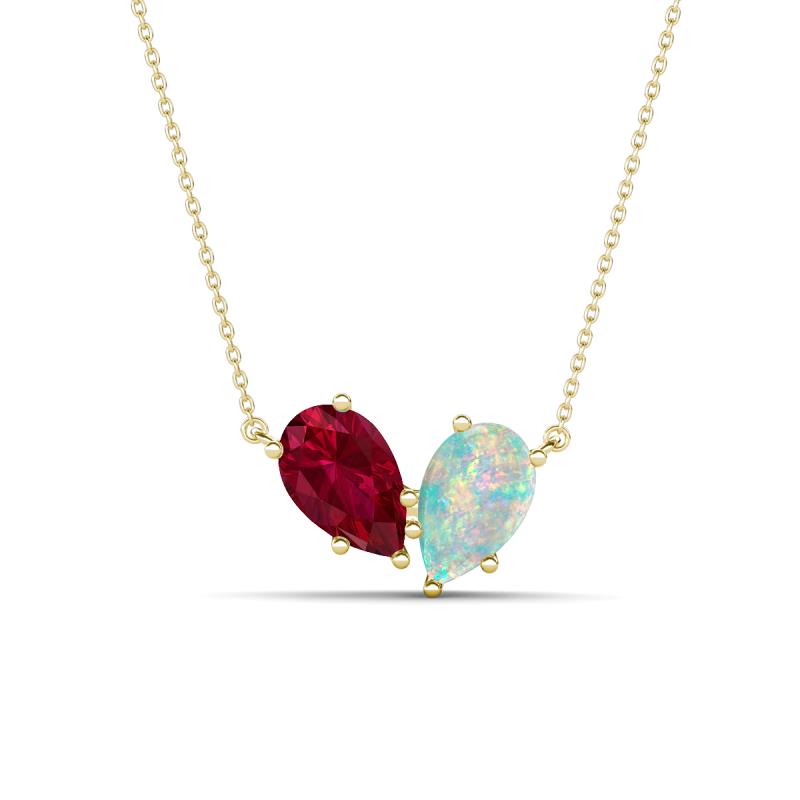 Zemi 1.30 ctw Pear Shape Lab Grown Ruby and Opal (7x5 mm) Toi Et Moi Pendant Necklace 