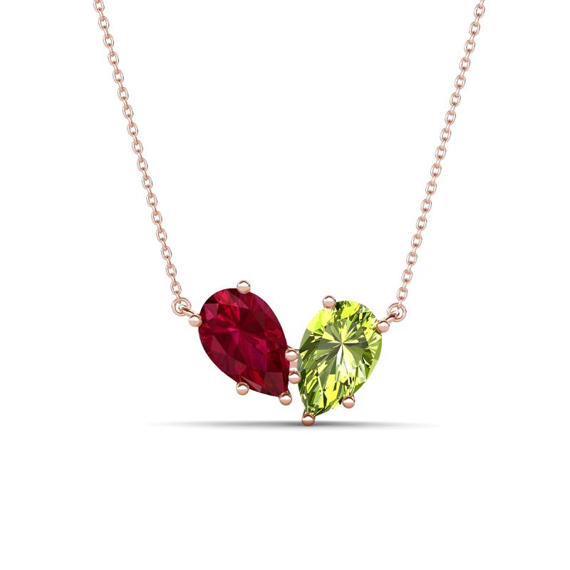 Zemi 1.75 ctw Pear Shape Lab Grown Ruby and Peridot (7x5 mm) Toi Et Moi Pendant Necklace 