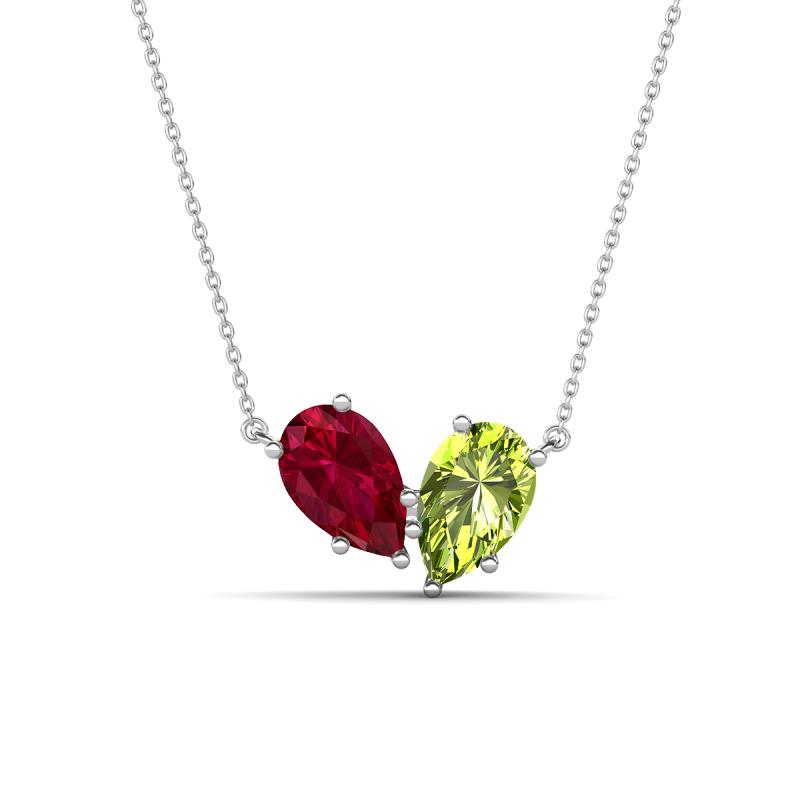 Zemi 1.75 ctw Pear Shape Lab Grown Ruby and Peridot (7x5 mm) Toi Et Moi Pendant Necklace 