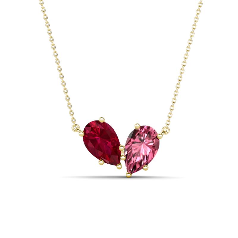 Zemi 1.65 ctw Pear Shape Lab Grown Ruby and Pink Tourmaline (7x5 mm) Toi Et Moi Pendant Necklace 