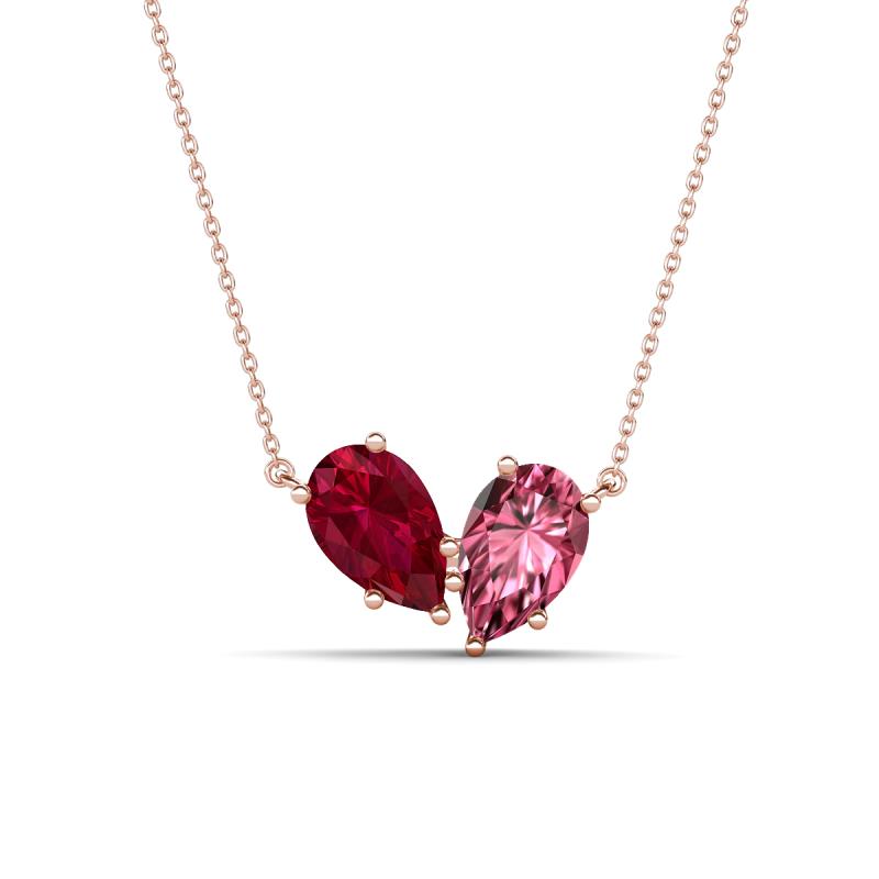 Zemi 1.65 ctw Pear Shape Lab Grown Ruby and Pink Tourmaline (7x5 mm) Toi Et Moi Pendant Necklace 