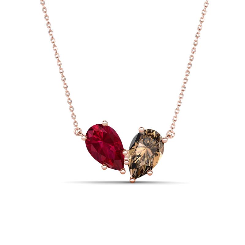 Zemi 1.60 ctw Pear Shape Lab Grown Ruby and Smoky Quartz (7x5 mm) Toi Et Moi Pendant Necklace 