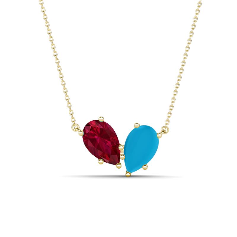 Zemi 1.30 ctw Pear Shape Lab Grown Ruby and Turquoise (7x5 mm) Toi Et Moi Pendant Necklace 