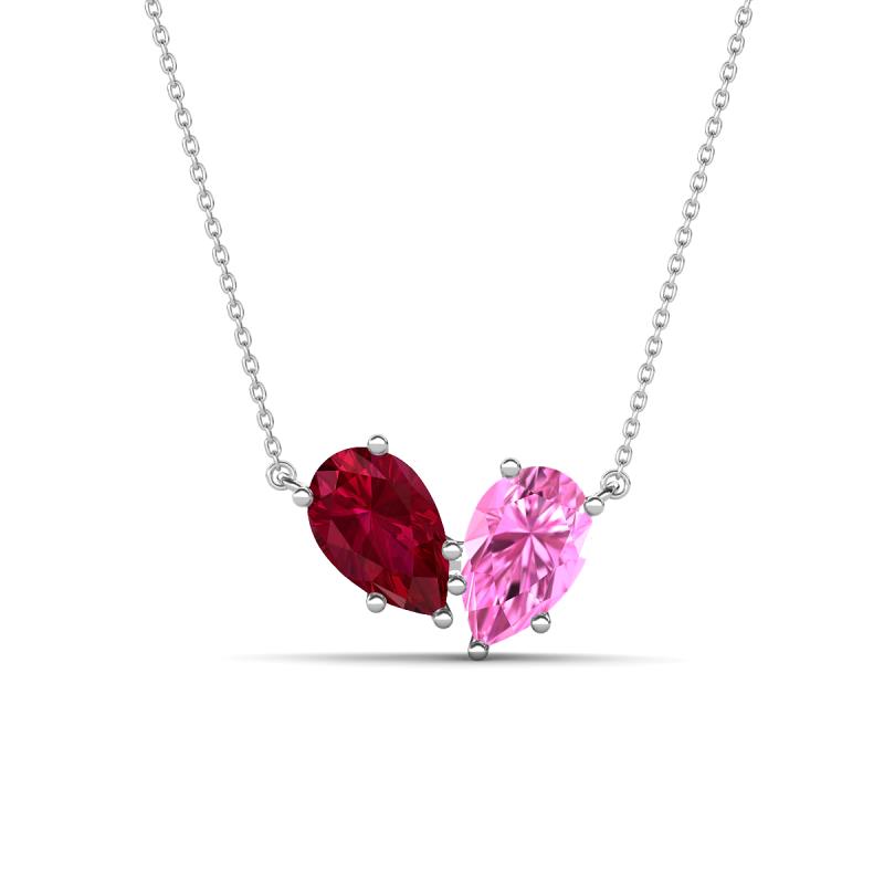 Zemi 1.85 ctw Pear Shape Lab Grown Ruby and Lab Grown Pink Sapphire (7x5 mm) Toi Et Moi Pendant Necklace 