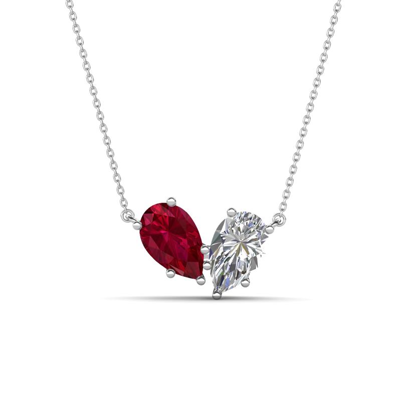 Zemi 1.75 ctw Pear Shape Lab Grown Ruby and Natural Diamond (7x5 mm) Toi Et Moi Pendant Necklace 